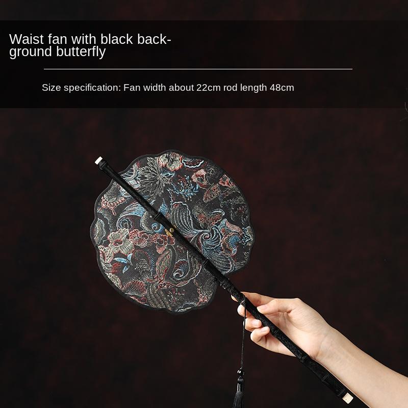 

Веер в старинном стиле из бамбука, круглый, винтажный, с вышивкой цветов, китайский стиль, аксессуары ханьфу, складной, с длинной ручкой, портативный, 1 шт.