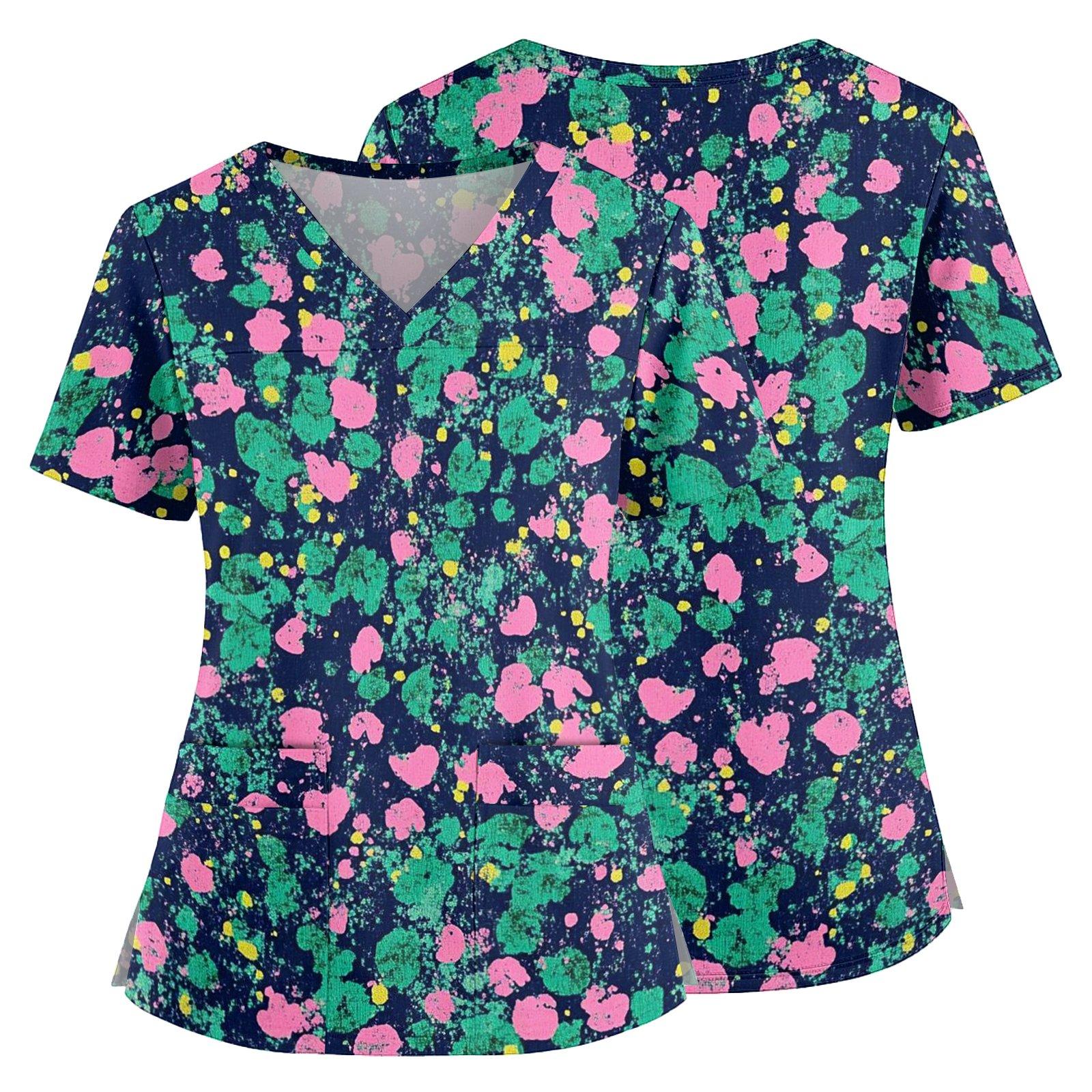 

Floral Print V Neck Medical Scrub Top with Pockets and Side Slits Short Sleeve Nurse Uniform Shirt for Women L зелёный