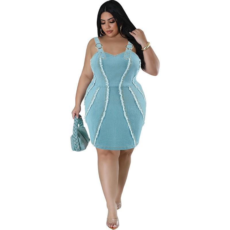 Plus Size Denim Sleeveless Mini Dress With Fringe Detail A-Line Outfit Women 1XL-5XL