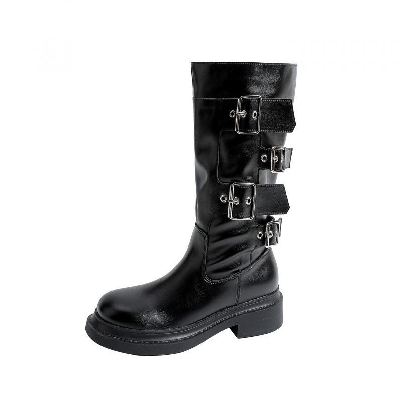 Cowhide version~ Genuine leather thick-soled medium boots women's autumn thick-heeled knight boots belt buckle Martin boots slim motorcycle boots