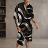 Men s Plus Size Dark Green Gold Printed Round Neck Short Sleeve Top And Shorts Two Piece Set