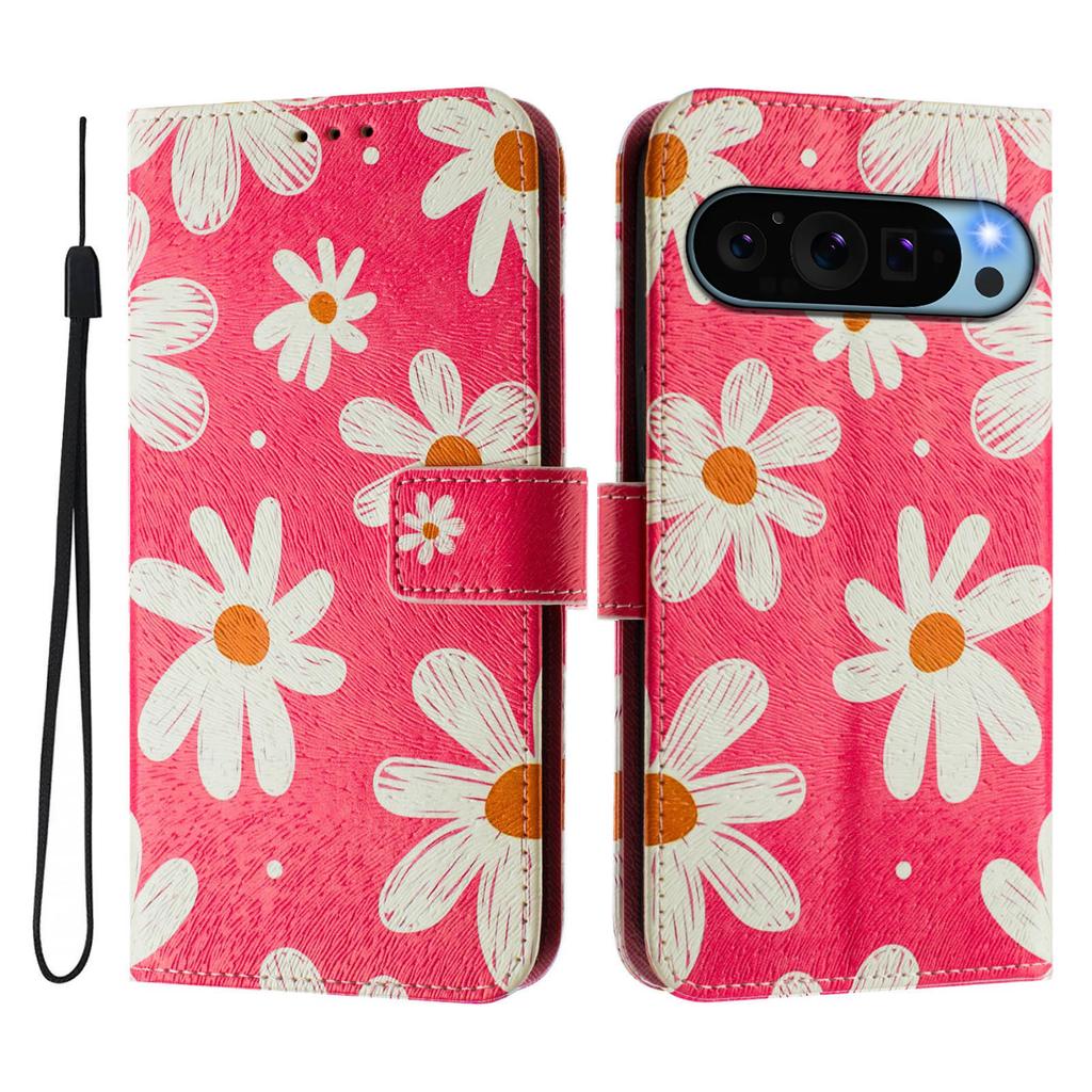 Pink Daisy Luxury Painted Leather Case Wallet Book Style Cover for Google Pixel 5,5a 5G/6,6a,6 Pro/7,7a,7 Pro/ 8,8a,8 Pro /9,9 Pro,9 Pro XL