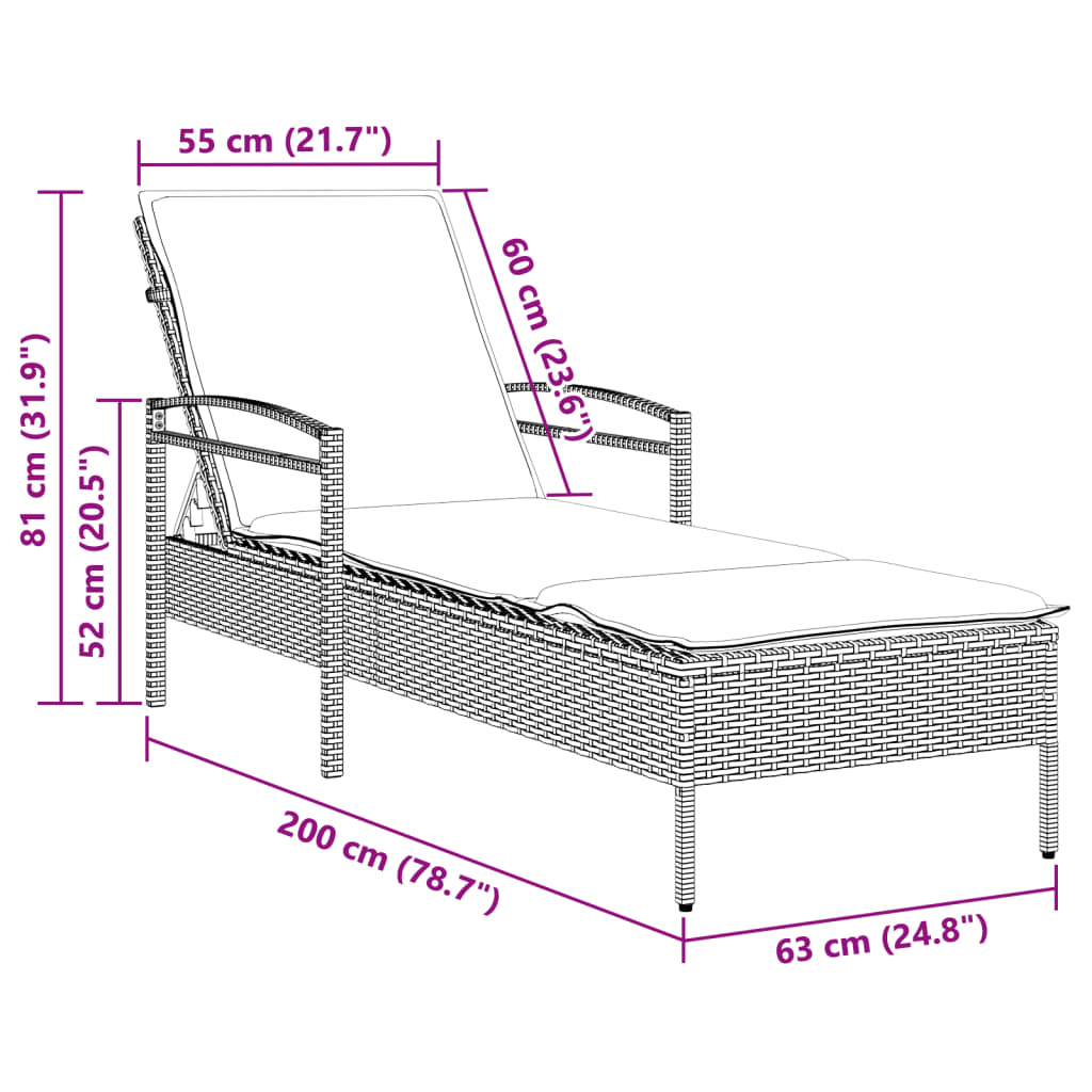 Grey Sun Lounger with Cushion 63 X 200 X 81 Cm Poly Rattan