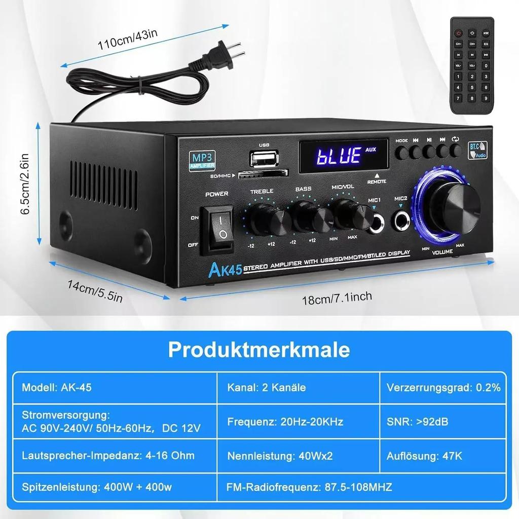 AK45 2-Kanal Bluetooth Stereo-Verstärker mit USB SD AUX FM-Eingang LCD-Display Mikrofon-Eingang Fernbedienung
