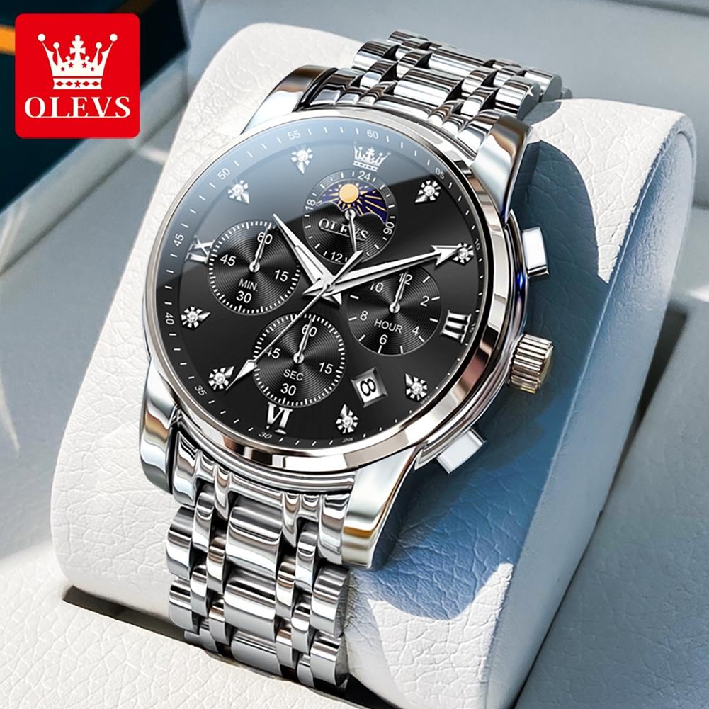 OLEVS New Men's Quartz Wrist Watches 7 Hands Moon Phase Chronograph Waterproof Stainless Steel Multifunction Man Watch