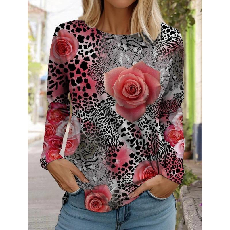 Spring And Autumn Long Sleeve Lip Print Leopard Printed T-Shirts Women Basic Casual Tops Female Loose Round Neck Tees Clothing