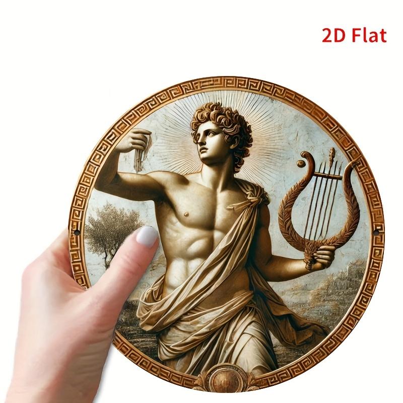 D Flat High Definition Metal Wall Art Greek God Apollo with Lyre and Laurel Wreath Metal Sign Round Wall Plaque Classical Mytho 20x20cm(8x8inch)