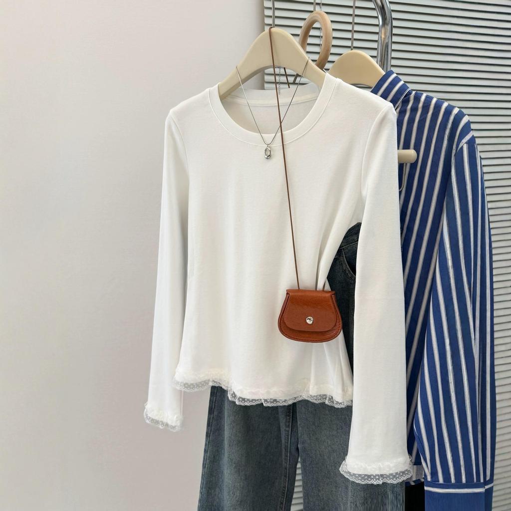 Women's Slim Fit Thermal White Lace Long Sleeve Top - Korean Style for Autumn/Winter