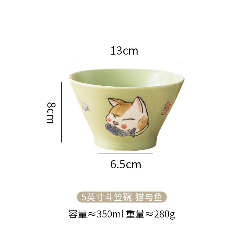 

Japanese Hand Painted Ceramic Rice Bowl Cartoon Underglaze Bamboo Hat Design for Kids Meals Home Use Cute Gift Set