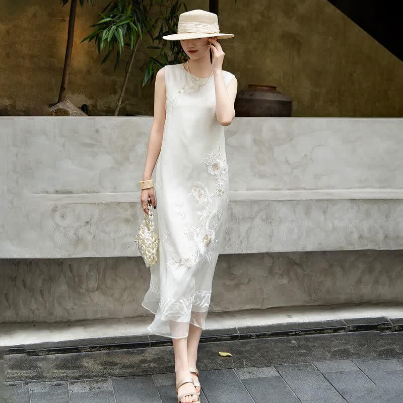 Lanseer Silk Embroidered Oblique Placket Midi Dress M