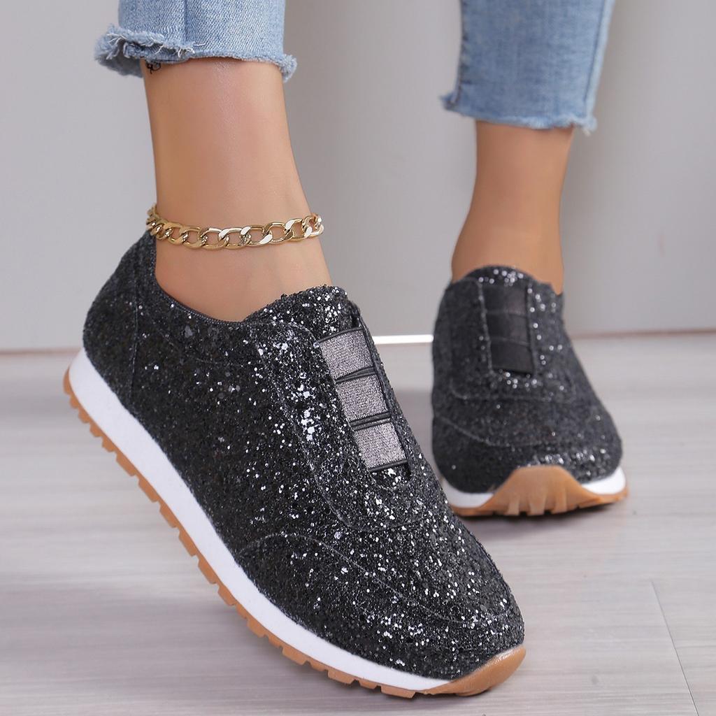 European and American Large-size Spring and Autumn New Sequined Sports and Leisure Women's Shoes Round Head Elastic Band Flat-soled Sports Shoes