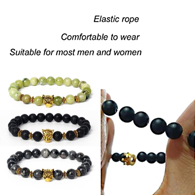 Leopard Head Beaded Bracelets for Men Women 8mm Rock Lava Stone Crown King Lion Charm Bracelet Set Natural Stone Elastic Jewelry