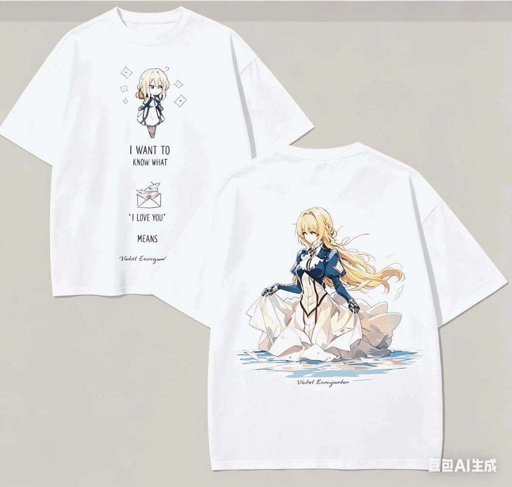 2026 White Loose Streetwear Unisex Casual T-Shirt, Double-Sided Violet Evergarden Graphic Tee For Fans T-shirt