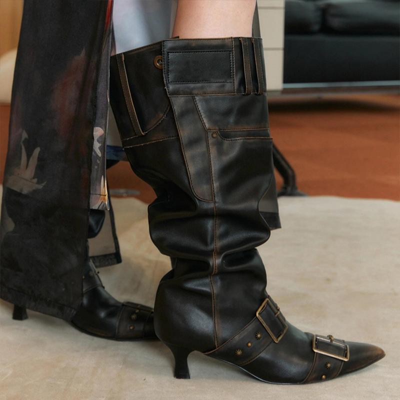 

Винтажные дизайнерские модные ботинки-куча женские 2025 зимние на высоком каблуке ботфорты до колена элегантные плиссированные новые ретро высокие рыцарские ботинки 35