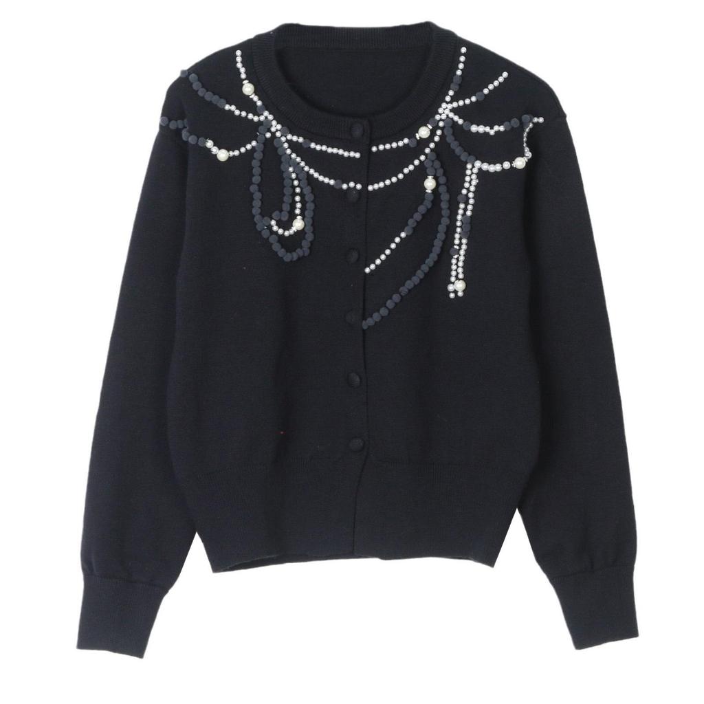 Versatile Slim Fit Knit Cardigan with Pearl Necklace - Spring/Autumn, Round Neck.