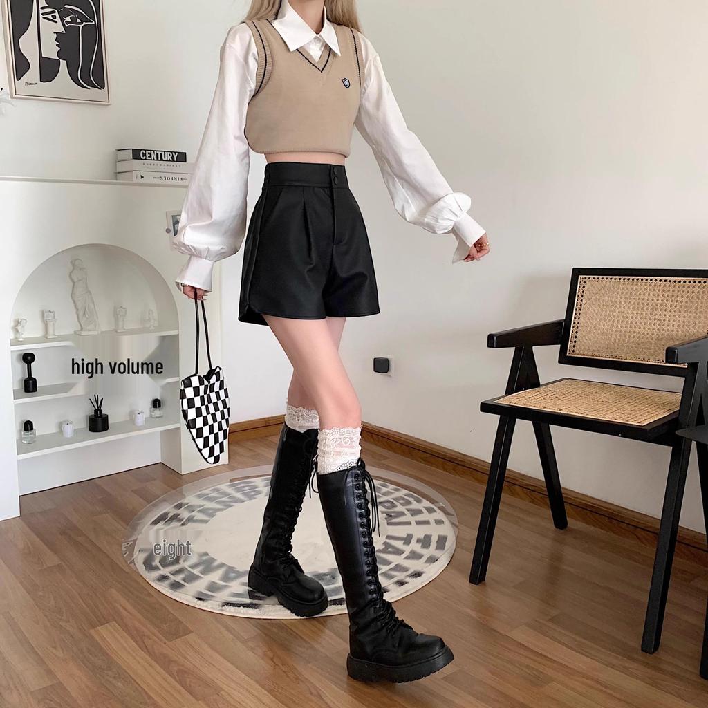 Autumn Brown High-Waist Slimming Leather Shorts for Women