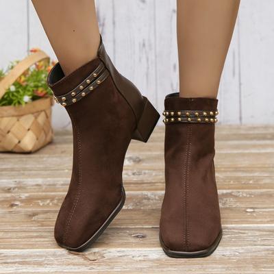 Fashion Women's Chunky Single Boots Winter New Square Head Suede Back Zipper Rivet Anti-slip Wear-resistant Short Boots