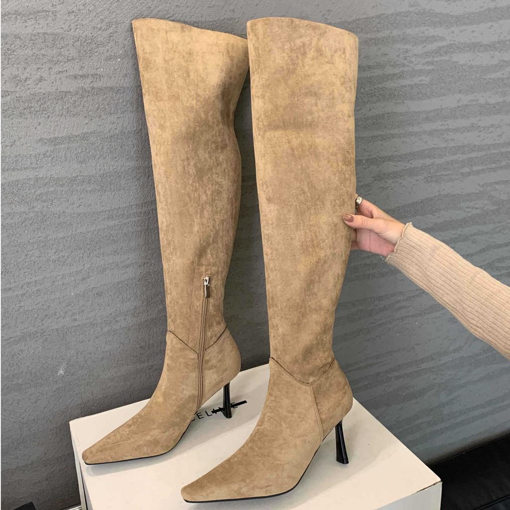 2025 autumn and winter new over-the-knee boots for women wear large tube circumference suede pointed heel high heel pleated piled boots