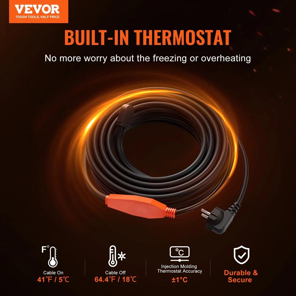 VEVOR Pipe Heating Cable, 9m 23W/m Heat Tape for Pipes with Built-in Thermostat, Water Pipe Heat Cable Protects PVC Hose