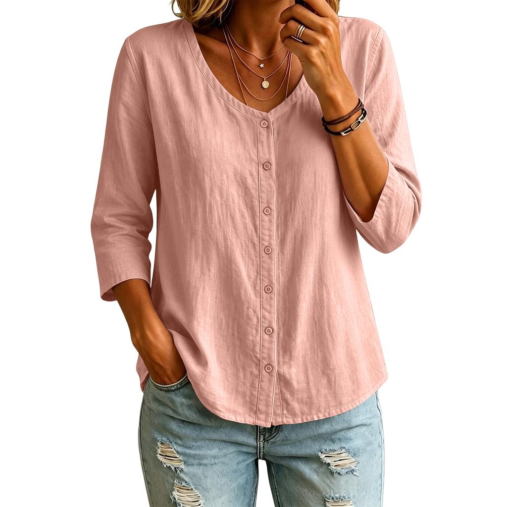 Camicia da donna a maniche lunghe in cotone con scollo a U e bottoni