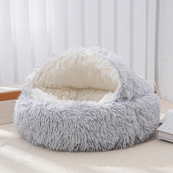 Pet Shell Nest Bed Warm Calming Cat Cave Bed with Hooded Cover Semi Enclosed Fluffy Plush Lined Round Bed for Small Medium Pets