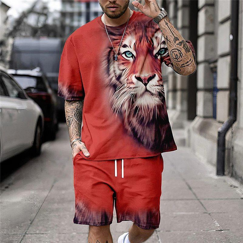 Summer Round Neck 3D Tiger Pattern Printed Set Fashionable and Casual Short Sleeved Shorts Men's Sport Wear