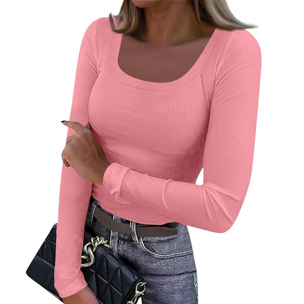 Women's  And Winter Slim Bottom T-shirt Fashion Casual Solid Color Square Neck Pullover Long Sleeve Top
