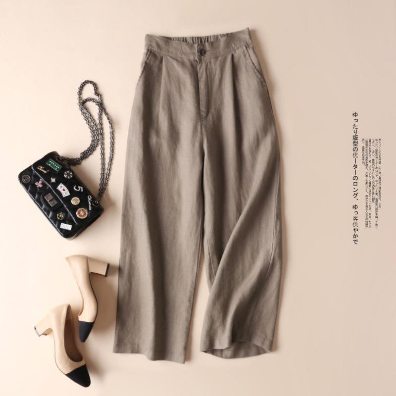2024 Spring/Summer Women's Cotton Linen Wide-Leg Casual Nine-Point Trousers