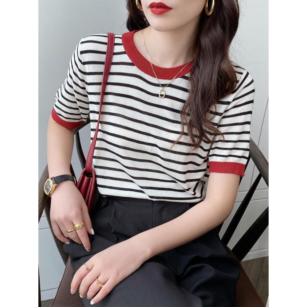 Women's Striped Blouse Short-sleeved Round Neck Pullover Classic Chic T-shirt Spring/summer 2026