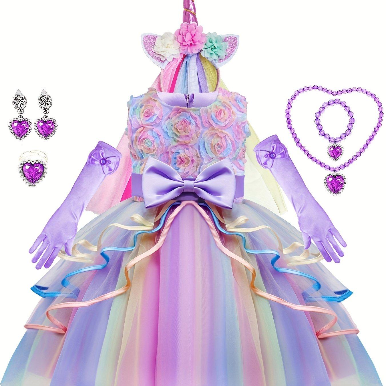 

7 шт. костюм единорога для девочек, платье радужной принцессы, платье для дня рождения единорога для малышей, детский косплей на Хэллоуин, сказочное платье, с повязкой на голову 7-8Y