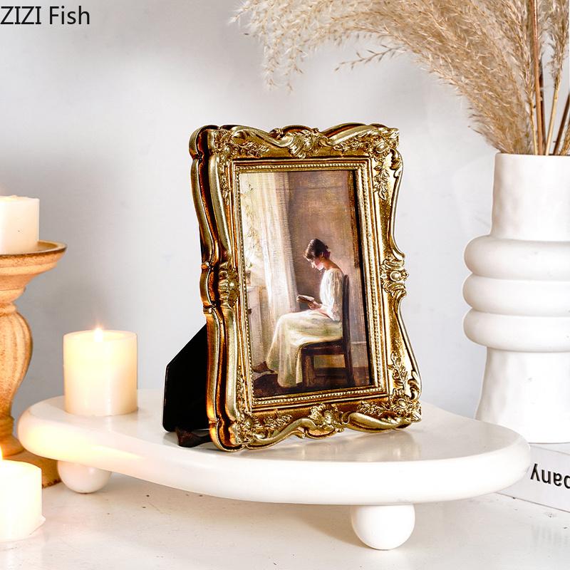 European Retro Floral Border Photo Frames Golden Picture Frame Bedside Table Wedding Anniversary Photo Frame Desk Decoration