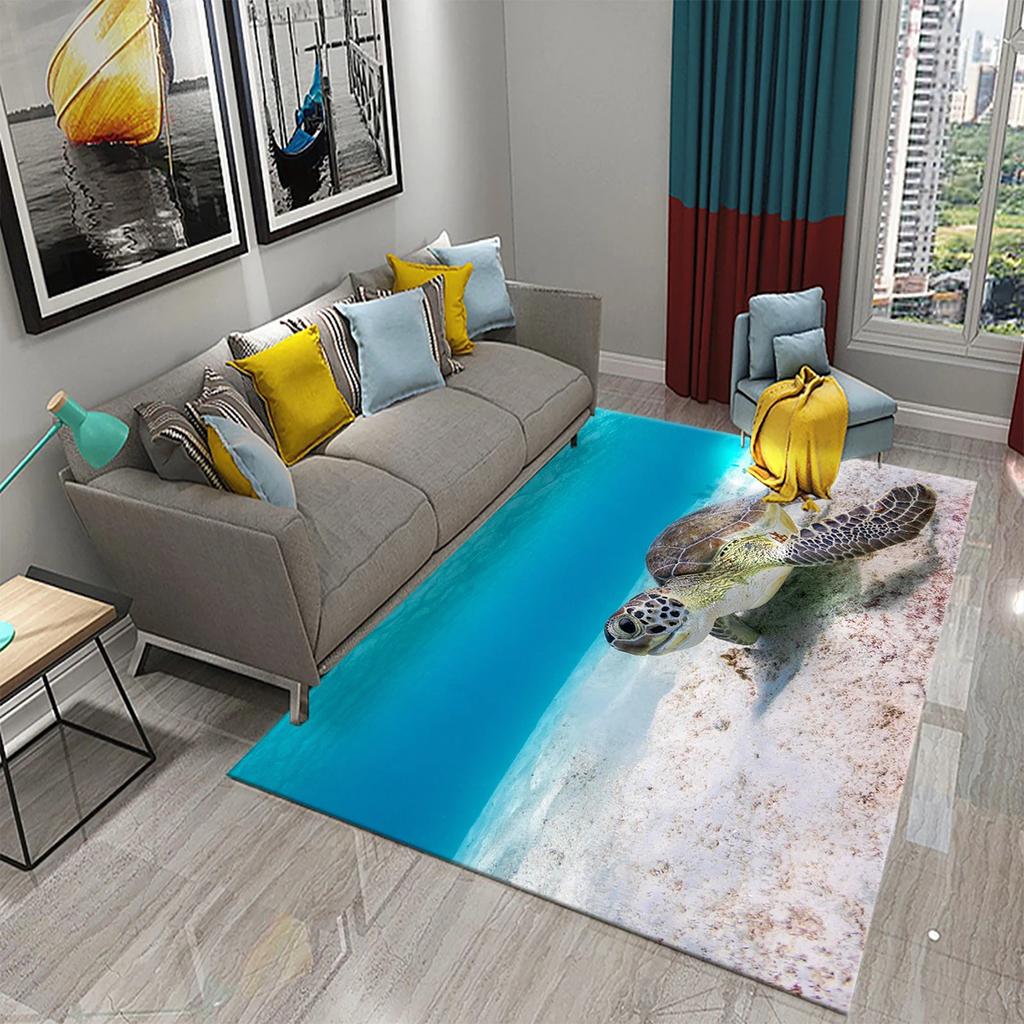 Teppiche mit 3D-Cartoon-Meeresschildkrötenmuster für Wohnzimmer, Badezimmer, rutschfest, groß, Schlafzimmer, Bettvorleger