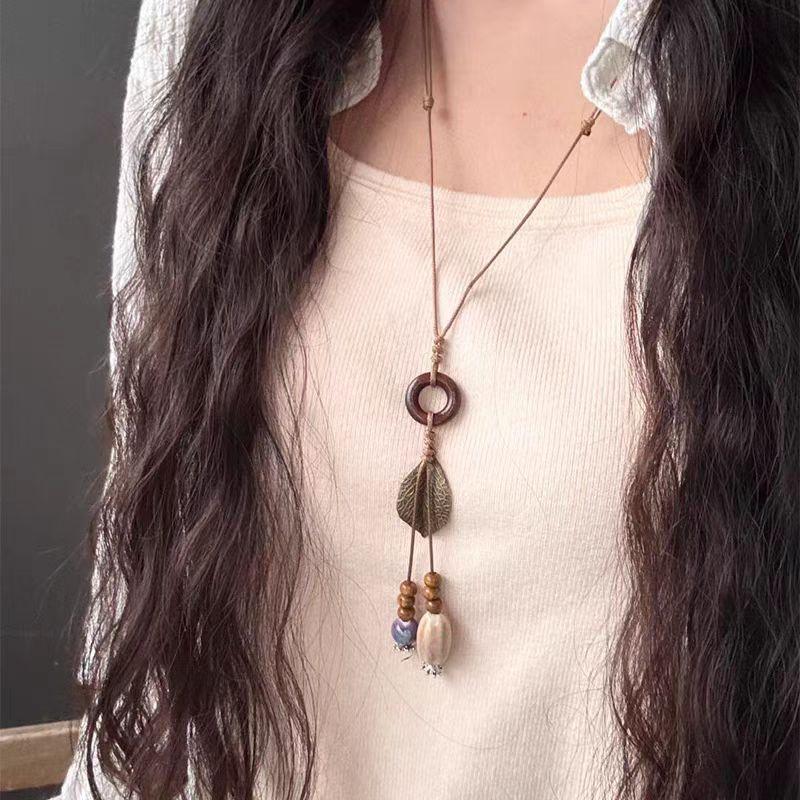 Zen Feather Pendant Long Necklace Women's Retro Ethnic Versatile Sweater Chain New Chinese Accessories