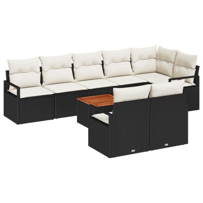 Ensemble de Canapé de Jardin de 9 Pièces avec Coussins en Rattan Poly Noir Acacia, Canapé de Jardin 2 Places avec Rangement 3356388