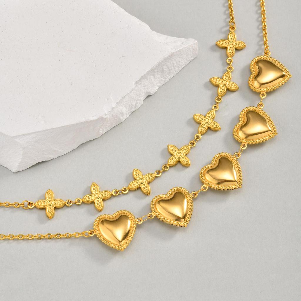 Wind Stainless Steel Flat Cross Chain Lucky Clover Heart Necklace Women'S Jewelry Nc-2275