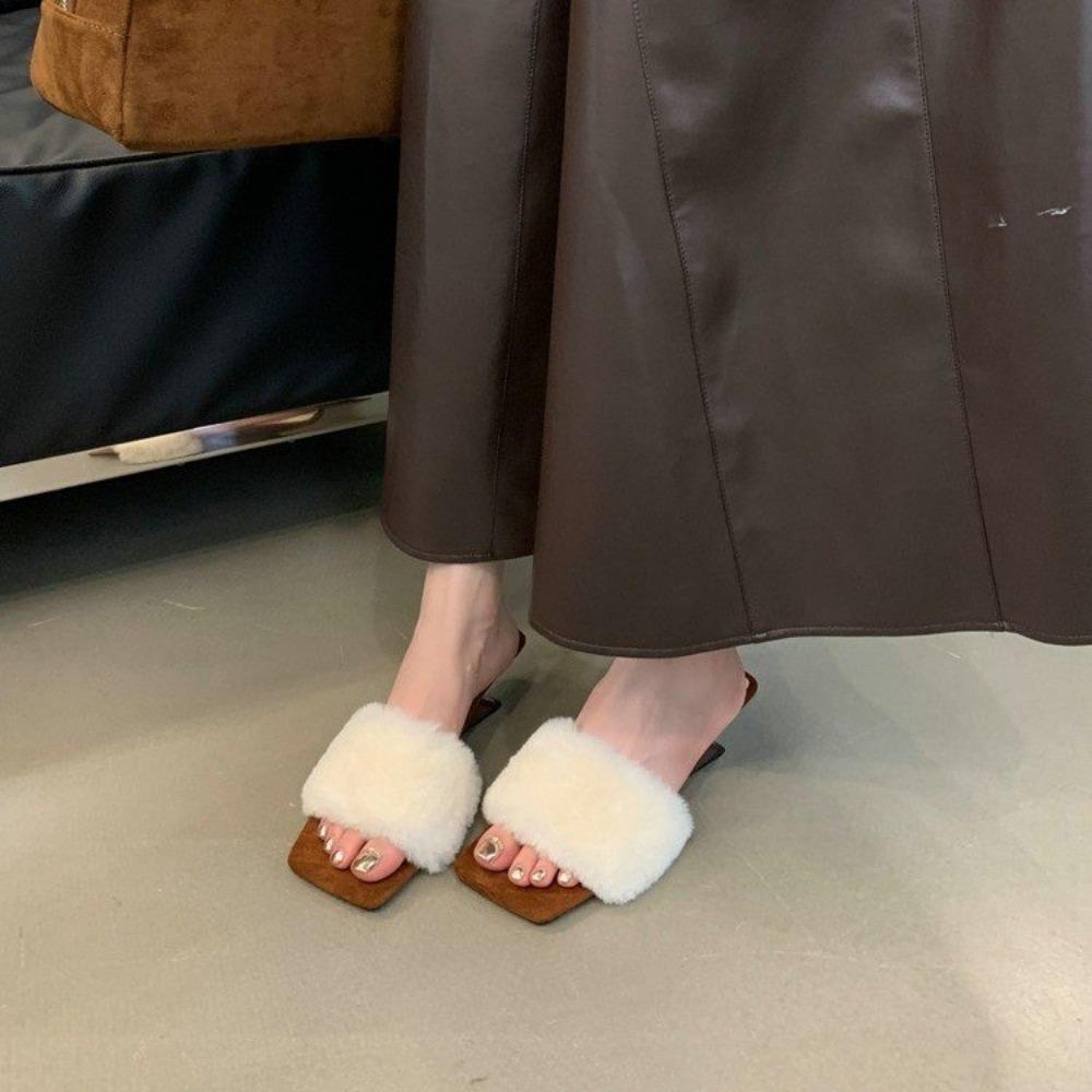 Fashion Summer Woman Modern Slipper High Heel Fashion Color Feather Fur Peep Toe Slippers Female Slides Shoes Outside Sexy Leisure Shoes