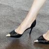 2025 Summer New Metal Pointed Black Patent Leather Silver Iron Head Side Air Temperament Commuting Thin Heel High Heel Single Shoes