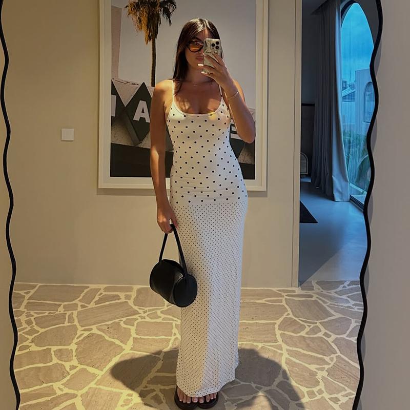 

2026 Summer Polka Dot Long Dress Women Sexy Contrast Sleeveless Backless Slim High-Waist Female Bodycon Maxi Dress For Holiday L білий