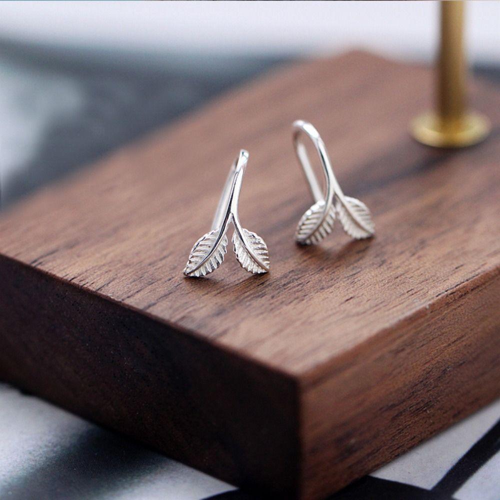 

999 Sterling Silver Tiny Ear Stud Leaf Shape Silver Stud Ear Rings Stud Earrings Daily Wear Olive branch