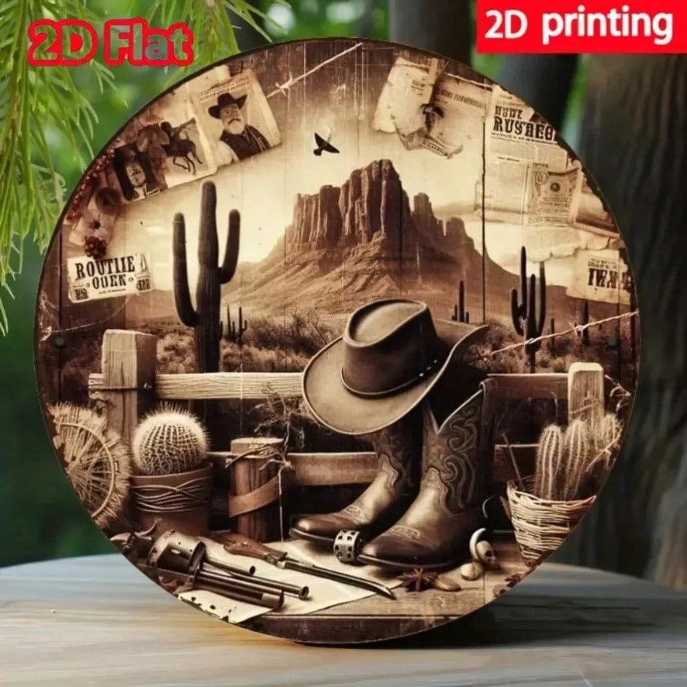 Western Cowboy Metal Wall Art Decor Vintage Hat Boot Cactus Design 20x20