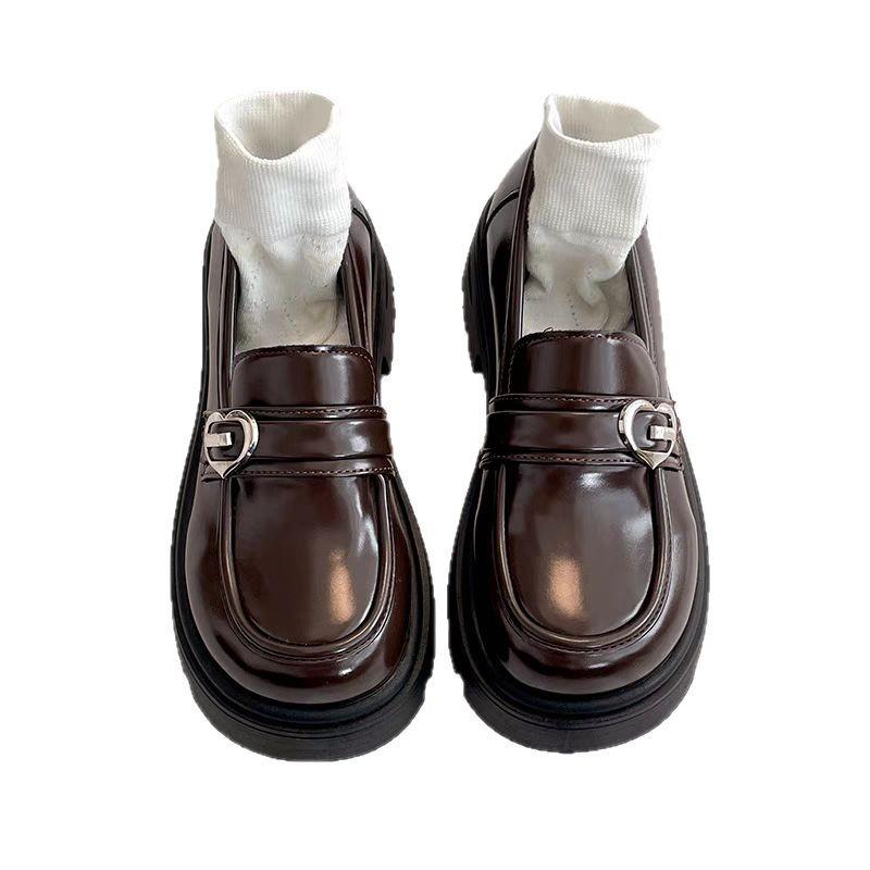 Black retro thick heel platform small leather shoes women's autumn new one-pedal loafers