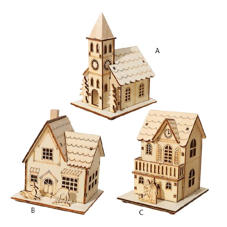 Christmas Wooden Hosue Small Snow House Xmas Tree Elk Lamp Ornament