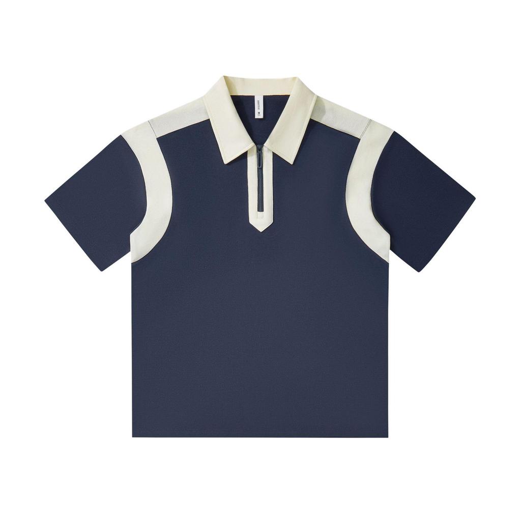 Trendy College Style Contrast Polo: Heavy 240g Pearl Cotton, Half-Zip, Drop Shoulder, Short Sleeve