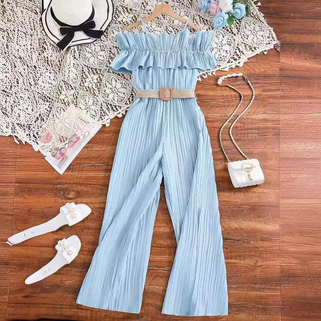 Sweet Rompers for Girls Summer Kids Fashion Suspender One-line Shoulder Patchwork Lace Waist Rompers
