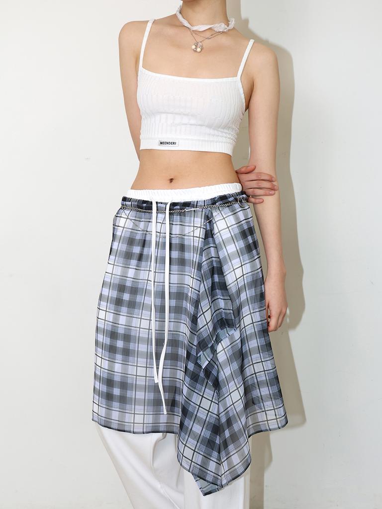 Minderly Sheer Asymmetric Check Skirt - Black