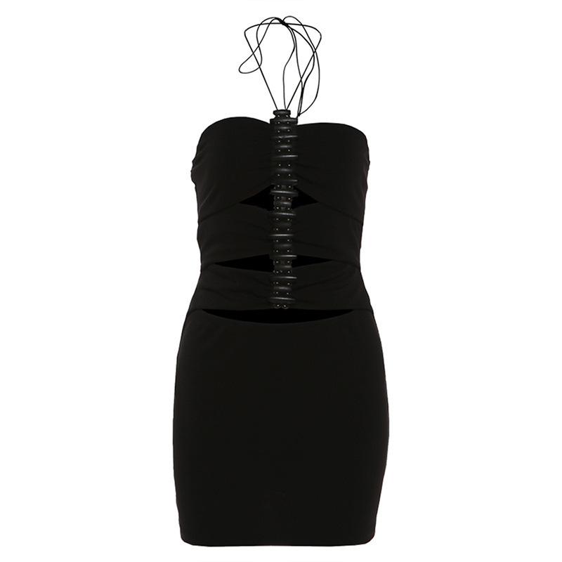 2026 spring and summer new women s clothing solid color sexy neck hollow design bead decorative dress S чёрный