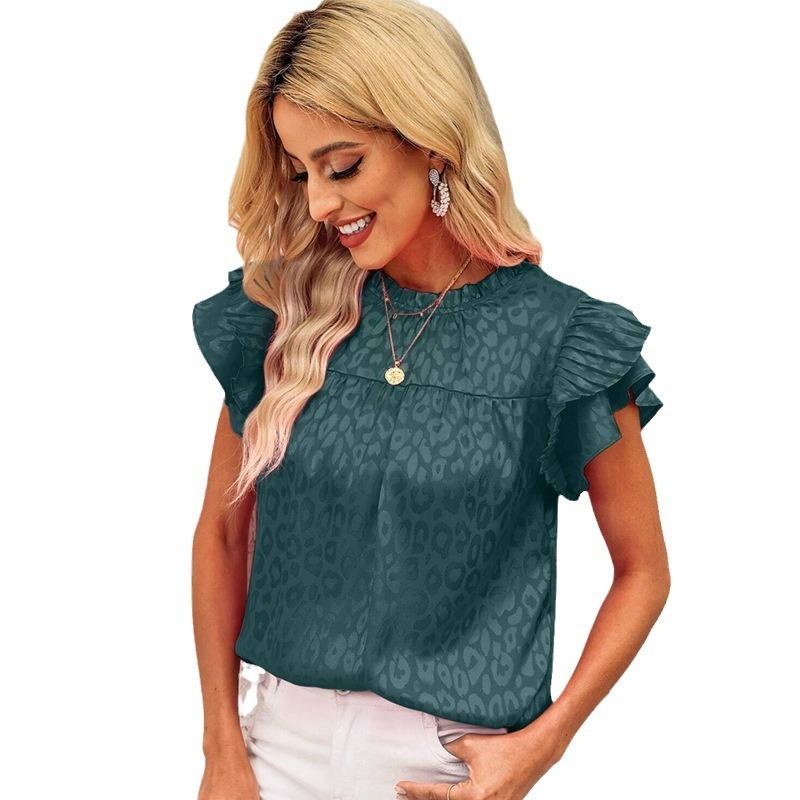 Women s Summer New Trendy Versatile Printed Ruffle Sleeve Wave Collar Women s Top S зелёный