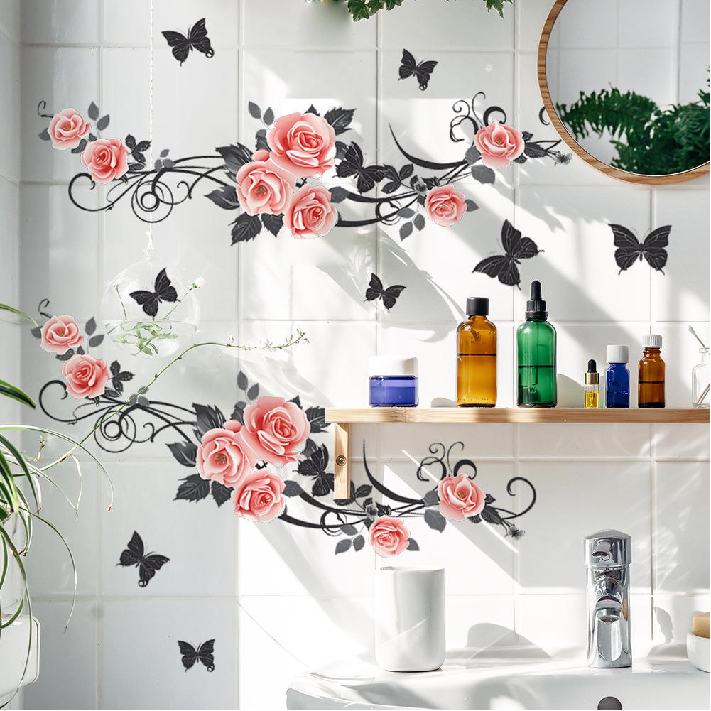 Bathroom Wall Decals Sticker, Rose Butterfly Flower Wall Stickers, Waterproof Rose Butterfly Vine Glass Stickers For Bedroom Restroom DIY Decoration