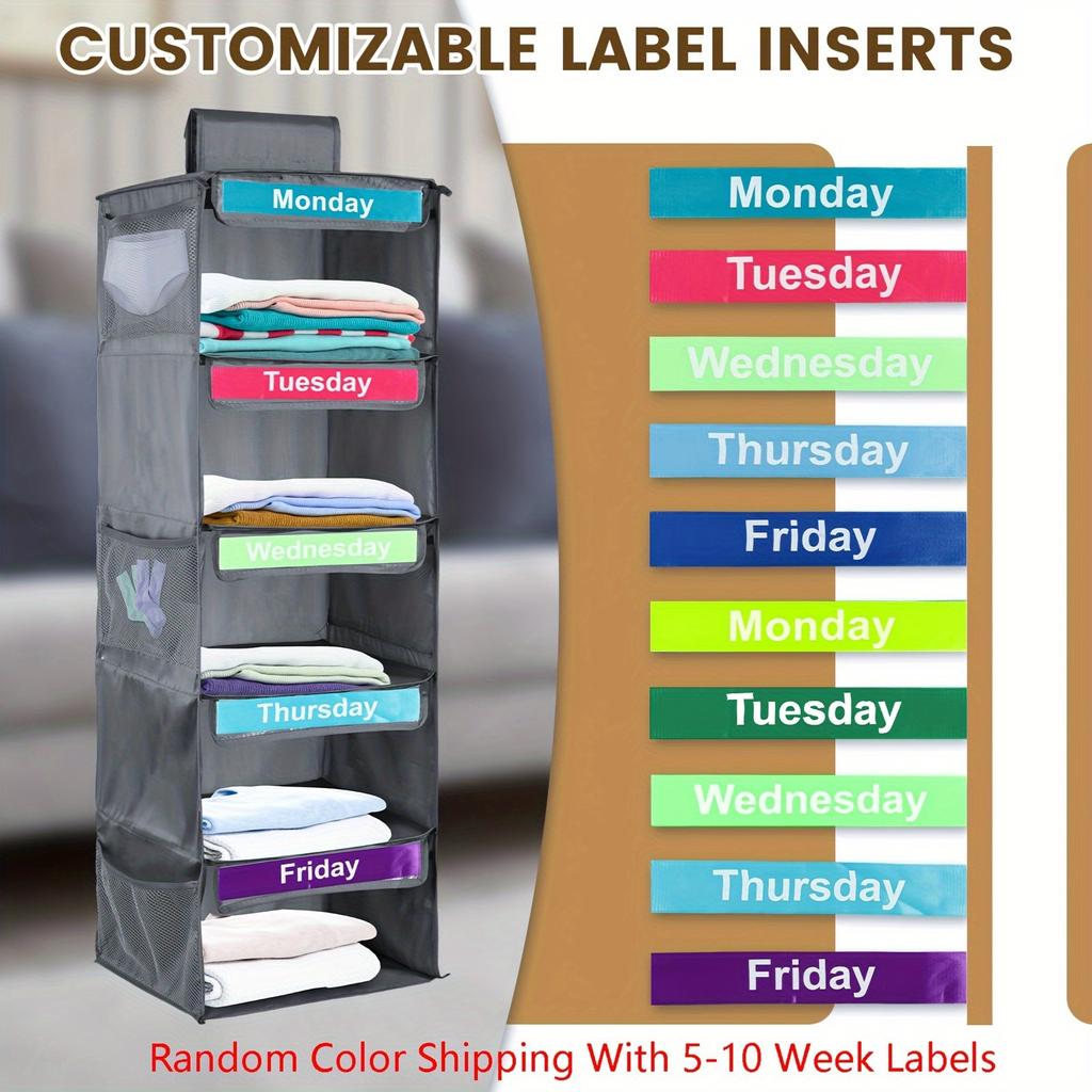 5 Layer Foldable Hanging Storage Bag with Label Hanging Organizer for Adults Kids Weekly Clothes Organization Monday To Friday