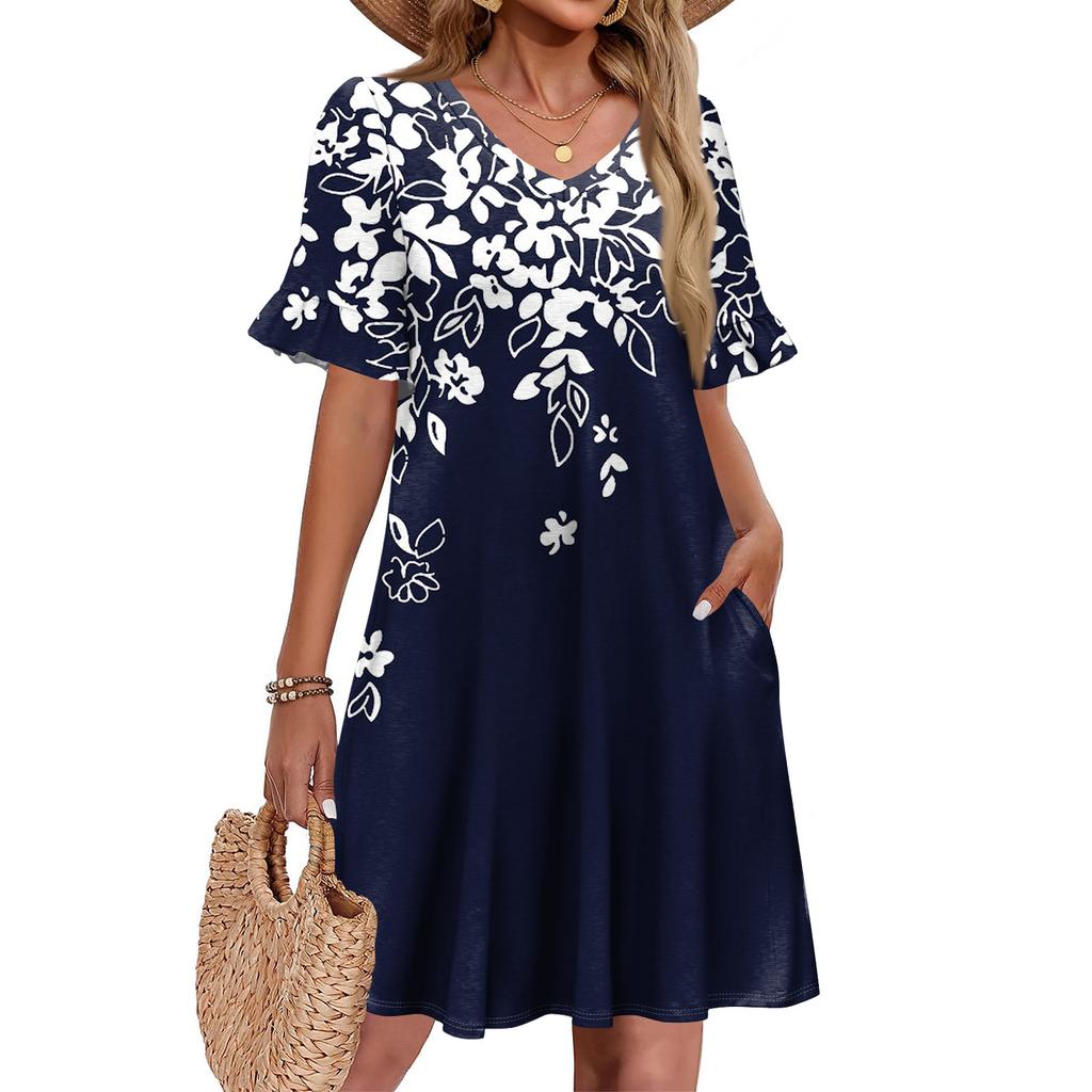Women A Line Sun Dress Short Sleeve V Neck Printed Dress With Pockets